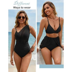Traje de baño de una pieza para mujer, con cuello pronunciado, control de abdomen, malla, cintura alta, para playa, moldeador del cuerpo - Product Image 5