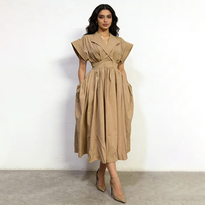 Nouvelles robes décontractées à col en V et coupe trapèze pour grandes tailles, design plissé, couleur unie, robes pour filles, robe midi élégante à manches courtes et larges. - Product Image 2