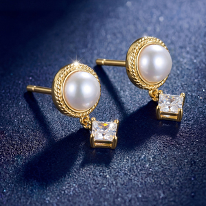 S925 Silver Gold Plated Round Pearl Drop Earrings <b>Square</b> CZ Pendant Twisted Rope <b>Edge</b> Elegant Jewelry for Women - Product Image 4