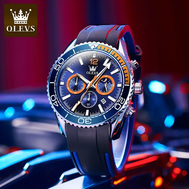 Olevs 9916 Original Brand Mens Wristwatch Chronograph Moon Phase Waterproof Luminous Hands Quartz Watches for Men Montre Relojes
