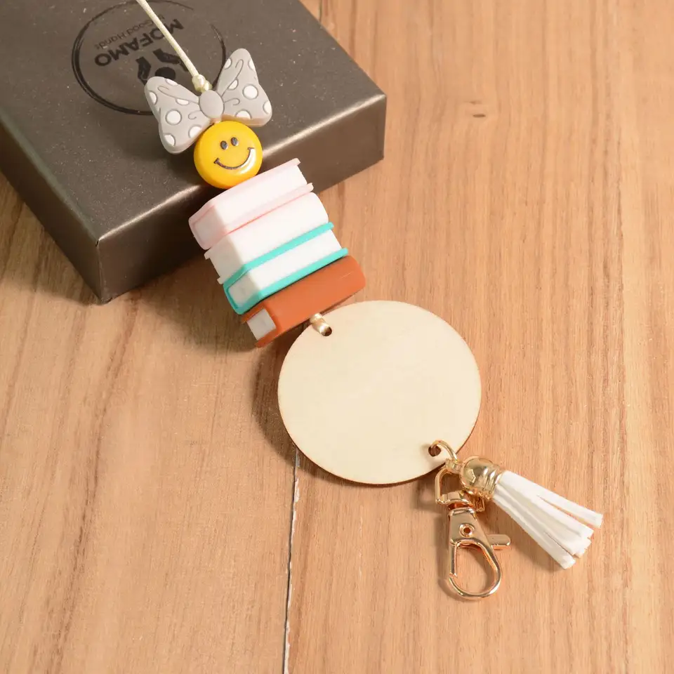 New Designs Personalized Teacher Lanyard Silicone Beads Smile Book apple Lanyard Keychain with Tassel Teacher Gift Image 4