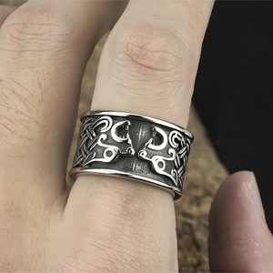 Men's Titanium Steel <b>Ring</b> Viking Double Wolf Head Design Hip Hop Style Animal Pattern Gift Jewelry - Product Image 2