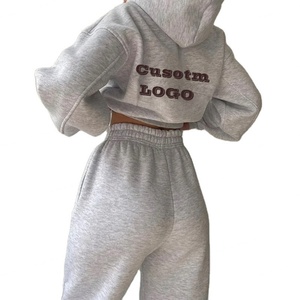 New Arrival Street Wear Custom Patch <b>Embroidery</b> Washed Cropped Oversized Distressed Zip up Hoodie <b>Set</b> Joggers Womens - Product Image 1