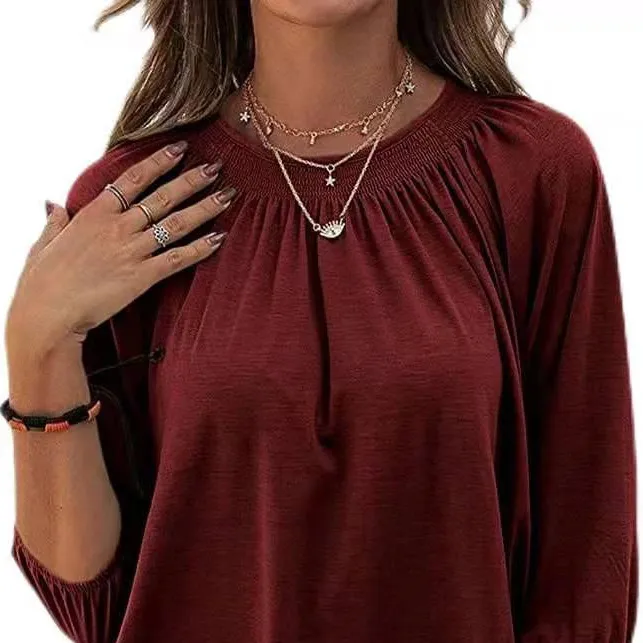 Yeni avrupa ve amerikan düz renk bol tişört bahar yuvarlak boyun 3/4 kollu T-shirt kadın elbise