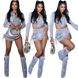 FS13469D Vestes d'été à manches longues pour femmes, jupes <span class=keywords><strong>en</strong></span> <span class=keywords><strong>jean</strong></span> fendues, ensembles de 2 pièces, 2025 - Product Image 3