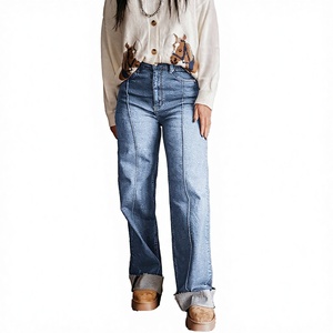 Jean taille haute pour femme, coupe large, respirant, en denim bleu clair, ourlet retroussé, délavé vintage, décontracté, coupe régulière, longueur pleine, été - Product Image 3