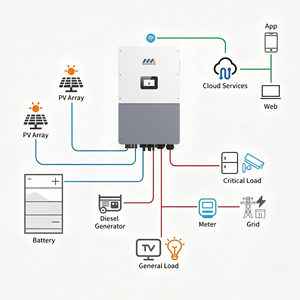 Inversor Híbrido Trifásico de 30kw 40KW 50KW 120v/208V 460V/480V Conectado/Desconectado a la Red, 4MPPT, IP65, 6 Cadenas Paralelas - Product Image 1