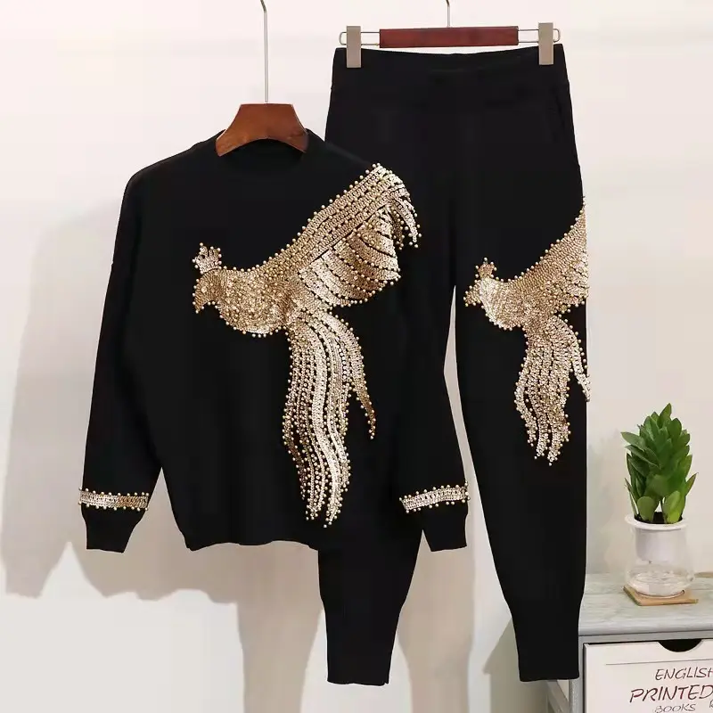 Nuovo autunno inverno abbigliamento OL paillettes strass set di due pezzi tuta in cotone di alta qualità set di maglieria abiti con motivo a perline