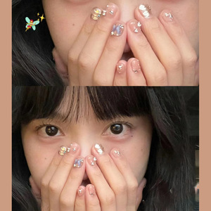 <span class=keywords><strong>Uñas</strong></span> Postizas Cortas Hechas a Mano, <span class=keywords><strong>Uñas</strong></span> Postizas Removibles, Pintadas a Mano con Mariposas Azules, para Uso Diario - Product Image 2