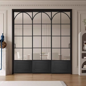 Porte coulissante manuelle rétro haut de gamme de style français, <span class=keywords><strong>cloison</strong></span> <span class=keywords><strong>en</strong></span> <span class=keywords><strong>verre</strong></span> à trois panneaux pour salon et cuisine, portes d'arche intérieures - Product Image 1