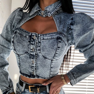 High <strong>Street</strong> Washed <strong>Old</strong> Women Button Fly square Chinese Factory Directly Supply Neck Hot Girls Short Jeans Tops - Product Image 4