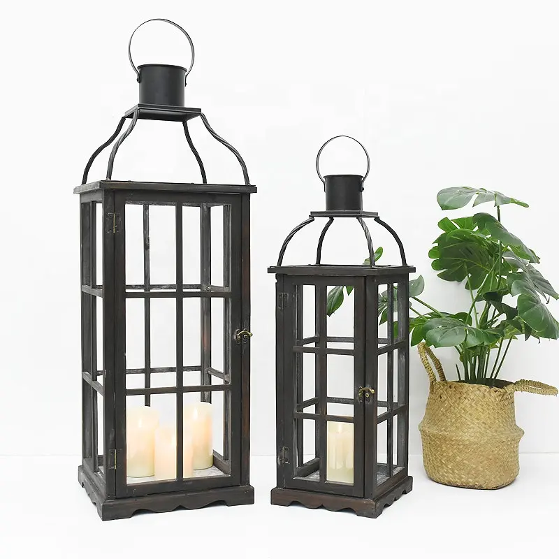 Hot Sell Customized Farmhouse Garden Outdoor Home Vintage Decorative Lantern Wood Metal Hanging Large Candle Holder Lantern