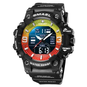 SMAEL jam tangan olahraga pria, arloji 8049 warna-warni gaya baru Digital tahan air, tampilan ganda Analog guncangan