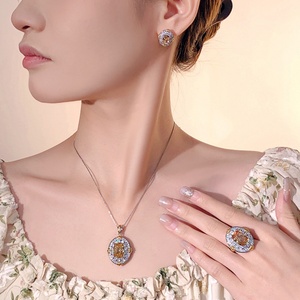 Fashion Eco-friendly Copper Champagne Diamond Jewelry <b>Set</b> 10*14-6*8mm Cubic Zirconia Necklace <b>Earring</b> Rings for Women Daily - Product Image 3
