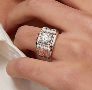 Men's 22K <b>Gold</b> Plated Moissanite <b>Cocktail</b> <b>Ring</b> Round Brilliant Cut Geometric Design Pave Setting Luxury Style - Product Image 5
