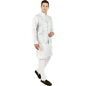 Conjunto de Kurta, Pijama y Chaleco 3 en 1 para Hombre, Algodón, Ropa Tradicional Étnica India, Diwali Puja, Blanco - Product Image 4