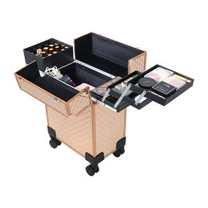 Valise de maquillage portable Water Cube, rose gold, grande capacité, roulettes pivotantes, étui de rangement professionnel pour produits de beauté - Product Image 3