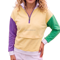Sweat-shirt décontracté pour femme, col demi-zip, manches longues, coupe courte, color block violet, vert et jaune, Mardi Gras, personnalisé, grandes tailles