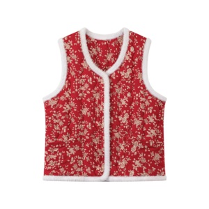 Gilet floral à texture chaude avec garniture en fourrure blanche, col en V et fermeture éclair, choix privilégié pour les occasions de rassemblement des femmes d'âge mûr - Product Image 4