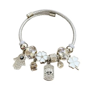 Bracelet DIY <span class=keywords><strong>personnalisé</strong></span> en fil d'argent pour femme, avec breloques main Hamsa, œil, fleur blanche, trèfle à quatre feuilles et cristal – Vente en gros - Product Image 5