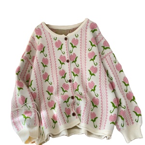 女性用ニットセーターカーディガンコートレディース秋冬冬甘い花刺繍ニットブラウス工場 - Product Image 1