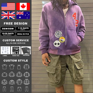 Sweat à capuche zippé surdimensionné pour homme, personnalisé OEM, en coton épais 100%, avec patch brodé et impression sérigraphiée, effet délavé à l'acide - Product Image 2
