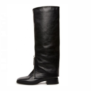 Front Zipper Overlay Black <b>Boots</b> Low Square Heel Women's Knee High <b>Boots</b> Genuine Leather Upper Daily Leisure Size 10.5 - Product Image 4