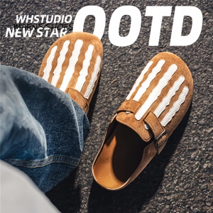 Sandalias Planas de Cuero Genuino con Diseño Original de <span class=keywords><strong>Esqueleto</strong></span> y Bloques de Color, Sandalias Mule Funcionales de Punta Cerrada, Oscuras y Modernas - Product Image 2