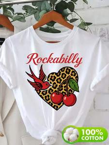 T-shirt da donna taglie forti Rockabilly a maniche corte girocollo in cotone con stampa leopardata a cuori e ciliegie, casual, per primavera estate - Product Image 3