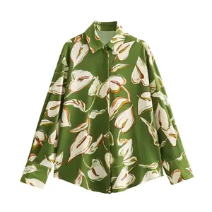 Green color floral print long sleeve turn down collar buttons up casual tops for women