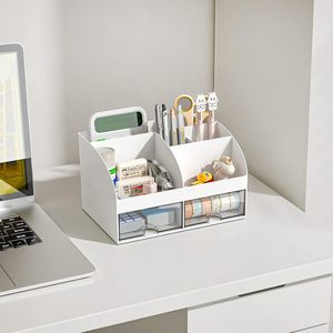 Desk Organizer with 6 Compartments 2 <strong>Drawers</strong> Plastic <strong>Makeup</strong> Organizer Pen Holder for Desktop Storage Desk Organization - Product Image 2