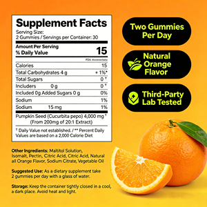 Complément alimentaire en gommes aux graines de citrouille 4000 mg par portion (extrait 20:1), favorise la santé de la prostate et des cheveux, sans sucre, saveur orange naturelle - Product Image 4