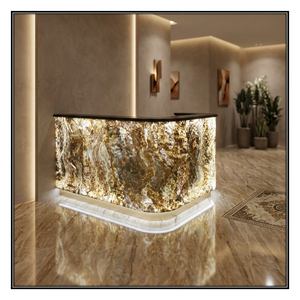 Contemporary Polished Stone Reception <b>Desk</b> With Gold Vein Pattern Entry Design - Product Image 5