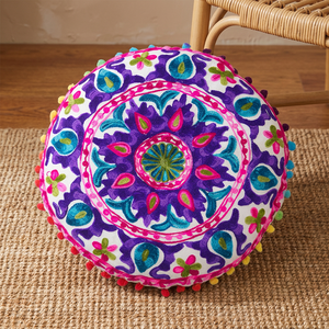 Cotton Chambray Round Suzani <b>Pillow</b> Embroidered <b>Decorative</b> <b>Pillows</b> for Home Hotel or Hospital Use - Product Image 2