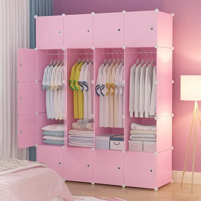 Màu Hồng Giá Rẻ Nhựa Xách Tay Closet Tủ Quần Áo Dễ Dàng Để Lắp Ráp Pp Xách Tay Tủ Quần Áo Modular Tủ Almari