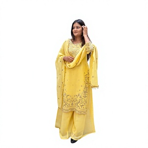 Conjunto de Kurta Amarillo con Estampado en Relieve, de Secado Rápido, Estilo Moderno, Corte Regular, Largo Regular, para Fiestas, Ropa India/Pakistaní para Mujer - Product Image 1