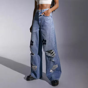Jeans personnalisés pour femmes à jambes larges, mode taille basse, patchwork, jeans déchirés pour petit ami, vente en gros de pantalons baggy décontractés pour femmes - Product Image 3