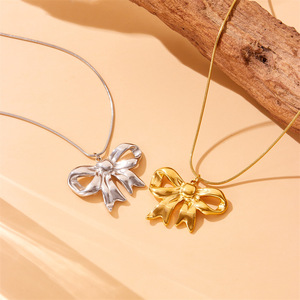Bowknot Necklace Gold Silver Color Stainless Steel Chain Pendant Jewelry Gift Fashion Elegant Retro Style - Product Image 1