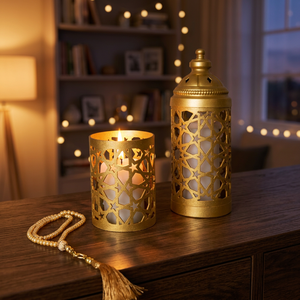 Ensemble de lanternes à bougies en métal doré avec un design ajouré complexe, résistant à la chaleur, décoration d'intérieur - Product Image 1