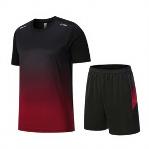 Men Summer Quick Dry Sports Jersey and Running Shorts <b>Set</b> Gradient Color Breathable Front Logo Crew Neck Polyester Team Wear - Product Image 1