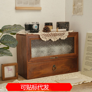 Caja de almacenamiento retro para escritorio, gabinete de madera maciza con cajones y puerta de vidrio para exhibir cosméticos y té - Product Image 4