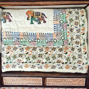 Gold Elephant Print Handmade Luxury <b>Winter</b> Cotton Reversible <b>Quilt</b> Blanket for Hotel & Home Use - Product Image 2