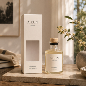 Aikun Low MOQ Fast 7 Day Ship 200ml Window Box Round Glass Bottle Sticker Any Scent Lasting Reed Diffuser Set for Room Seller - Product Image 1
