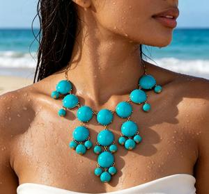 Collana Statement in Metallo Dorato con Perle a Bolle Blu <span class=keywords><strong>Cielo</strong></span> e Perle Rotonde Lucide in Resina, <span class=keywords><strong>Gioielli</strong></span> di Moda OEM/ODM - Product Image 3