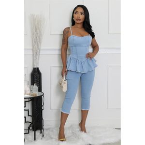 Custom Custom 2026 Denim Breathable Capri Set Women Sleeveless Crop <b>Top</b> and Pants with Ruffles <b>Distressed</b> Streetwear - Product Image 4