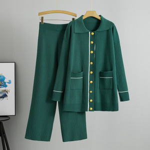 Conjunto de Suéter Tejido para Mujer, Otoño, Manga Larga, Cárdigan y Pantalones, Dos Piezas, Cintura Alta, Cómodo y Casual - Product Image 4