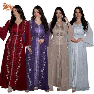 イスラム教徒の服四季通勤ベスト + オープンドレスシフォンプレスダイヤモンドアバヤ女性イスラム教徒のドレス2ピースセット - Product Image 6