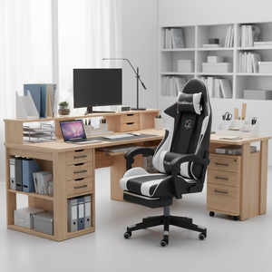 <span class=keywords><strong>Chaise</strong></span> de jeu PC moderne confortable et ergonomique en similicuir PU, inclinable, réglable en hauteur, avec base à 5 étoiles, roulettes pivotantes et dossier extensible en tissu - Product Image 2