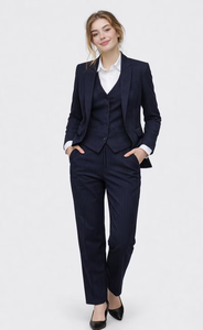 <b>Women</b>’s Premium Navy <b>Pinstripe</b> Three Piece Suit Set – Tailored Blazer with Matching Vest Waistcoat and Straight Fit <b>Trousers</b> - Product Image 4