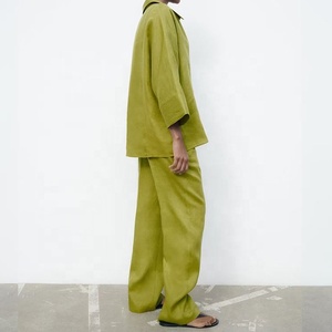 Eco Friendly <span class=keywords><strong>misto</strong></span> <span class=keywords><strong>lino</strong></span> 2 pezzi primavera estate camicia a maniche lunghe <span class=keywords><strong>pantaloni</strong></span> larghi dritti da donna abiti Casual pigiami da salotto - Product Image 2